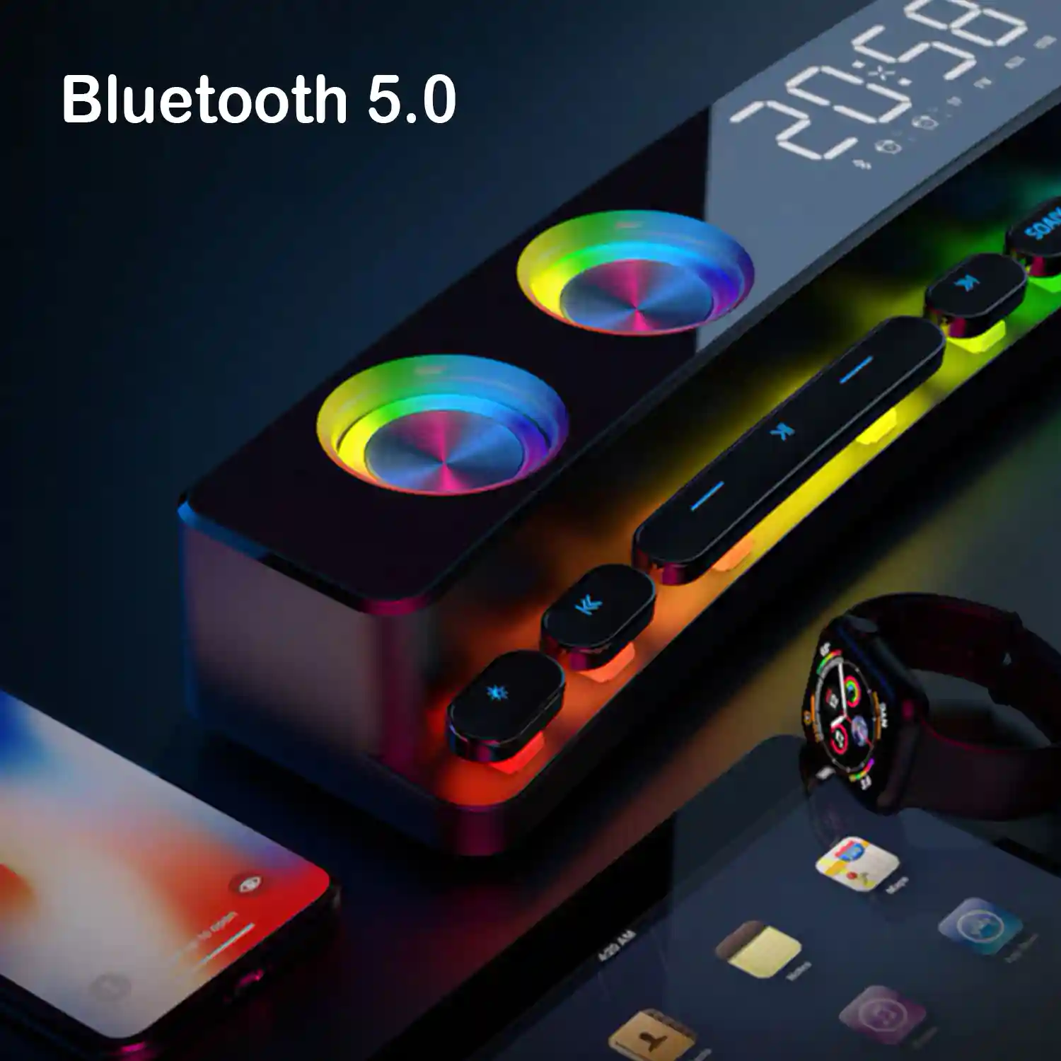 Phoenix Technologies - Barra Sonido 2.0 RGB 6W RMS para PC, Ordenador,  Movil, Conexion Bluetooth y Jack 3,5 mm, Iluminación RGB, Botones Tactiles