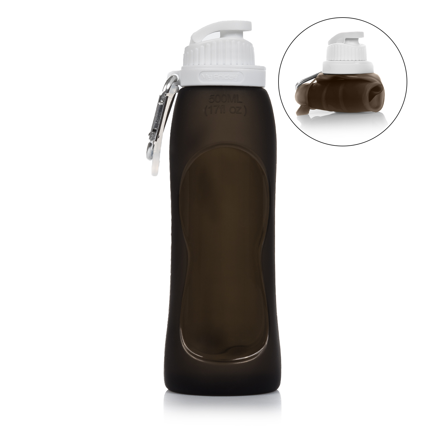 Mini botella plegable enrollable de 320ml, de silicona de grado  alimenticio. Con mosquetón.