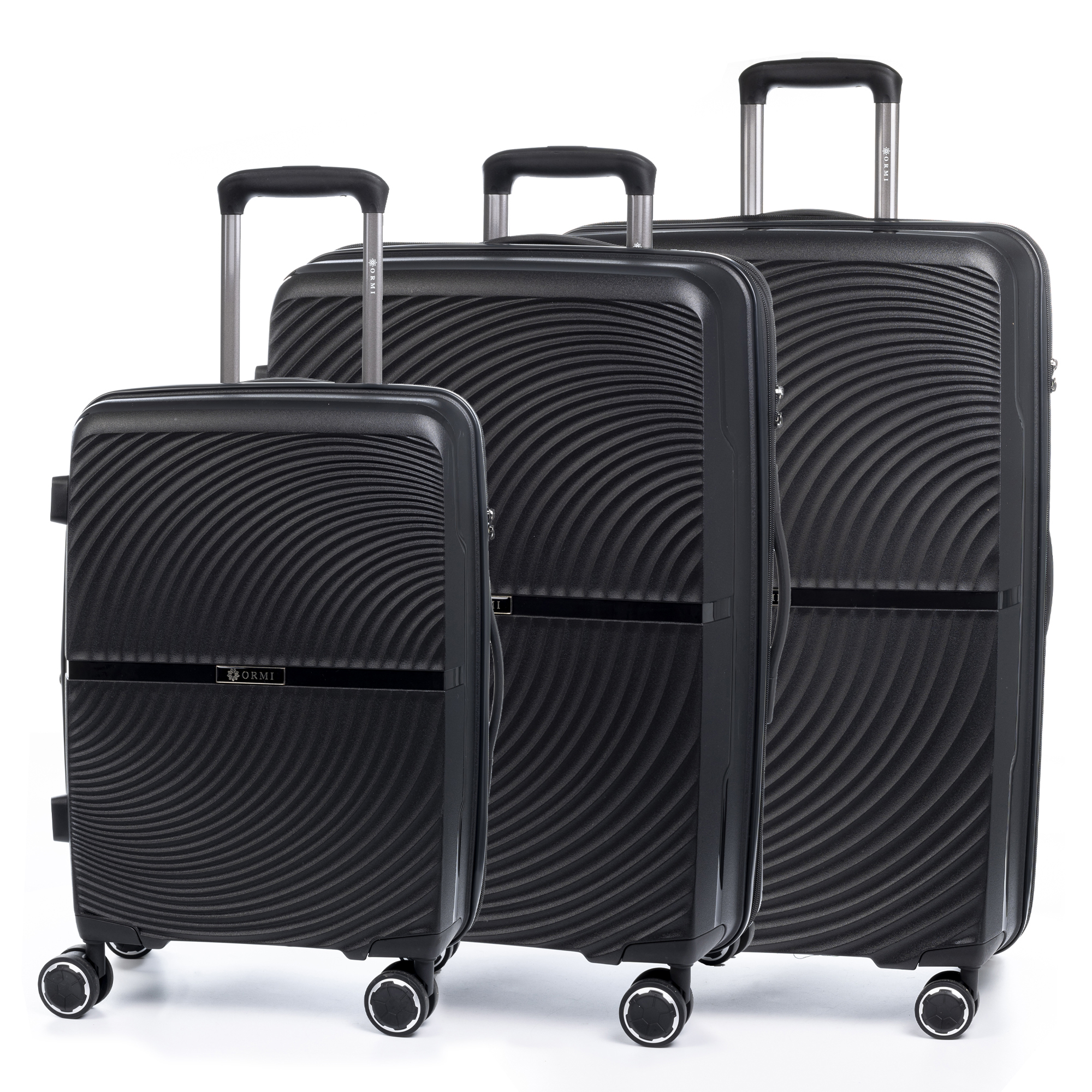 DAM - DAM Conjunto de 3 malas Trolley extensíveis, em material PP leve e resistente a quebras. Fechadura numérica TSA, 4 rodas giratórias 360°. 47x30x75 cm. Cor: Preto