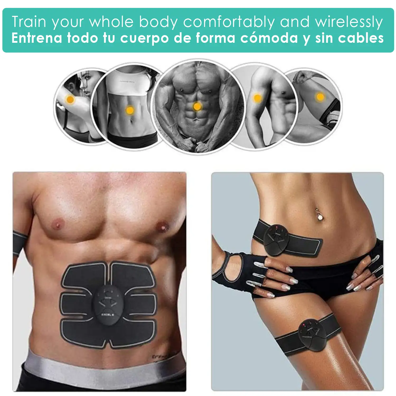 Cinturón electroestimulador muscular y de masaje EMS inteligente.  Masajeador estimulador para abdominales, brazos/piernas. Batería recargable.