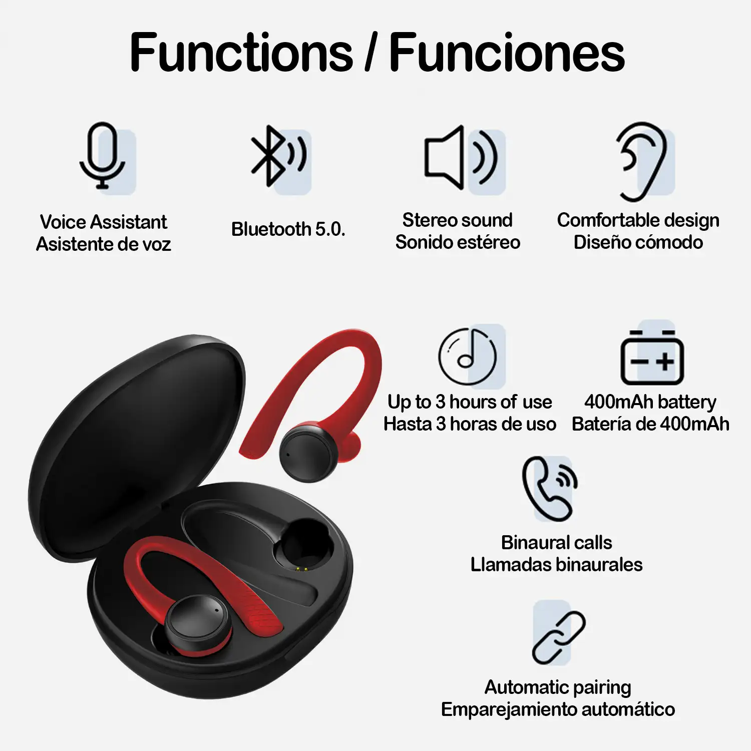 Auriculares Bluetooth binaurales deportivos de larga duración con