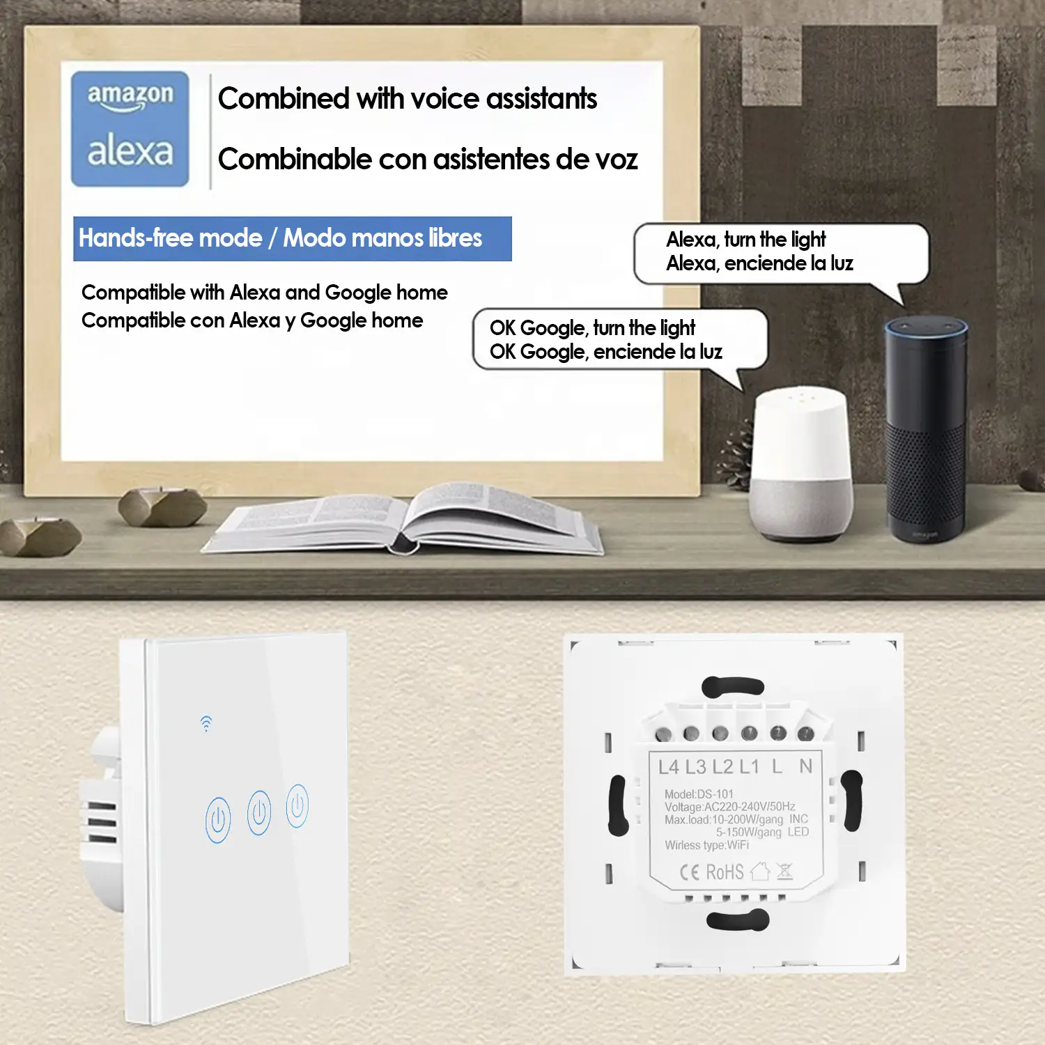 Interruptor Wifi Smarthome con 3 pulsadores compatible con  Alexa y  Google Home