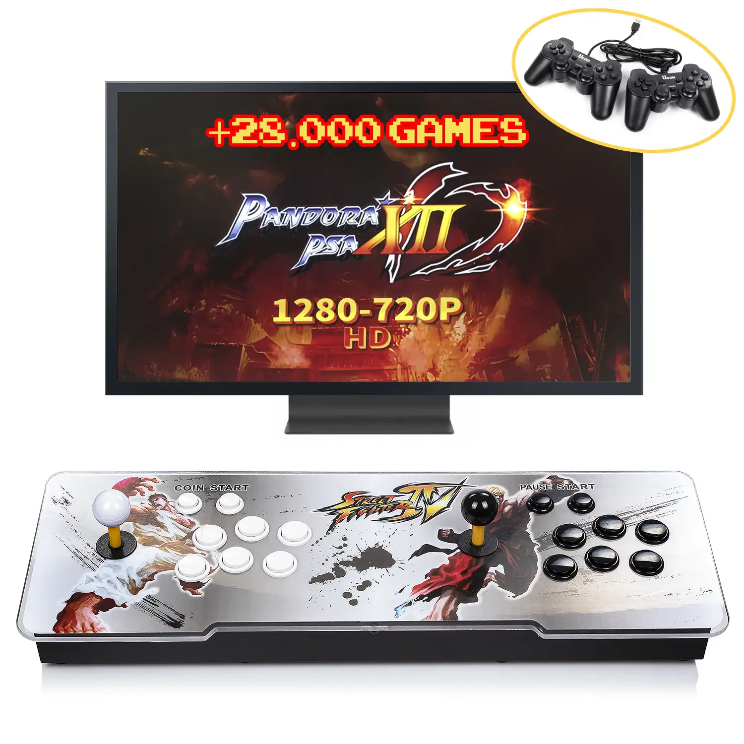 Pandoras Box 12. Consola arcade clásica, tipo máquina recreativa, con 28.890 juegos clásicos instalados, 2D y 3D. HDMI, VGA y salida USB. Incluye 2 mandos USB.