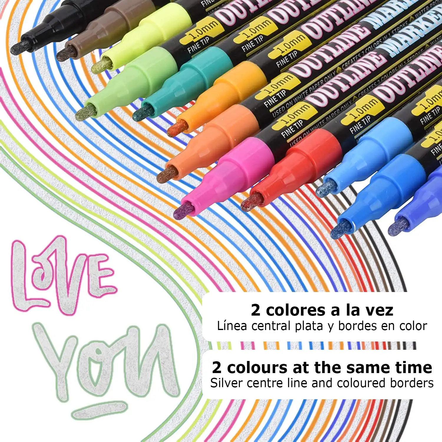 Rotuladores permanentes en colores metálicos: linea central plata y bordes  en color. 12 colores con punta