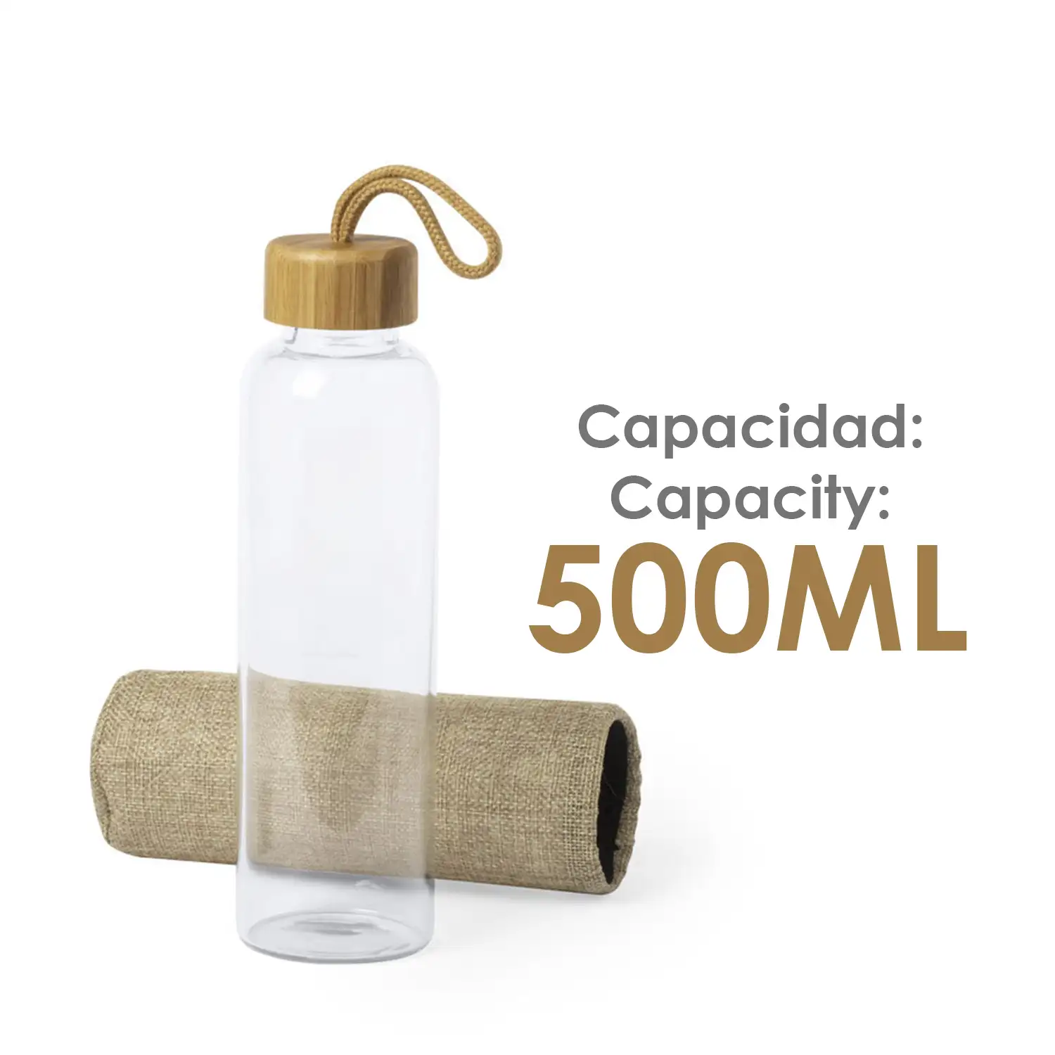 Kasfol bidón Nature en bambú y cristal, 500 ml. Tapón a rosca en bambú y funda eco.