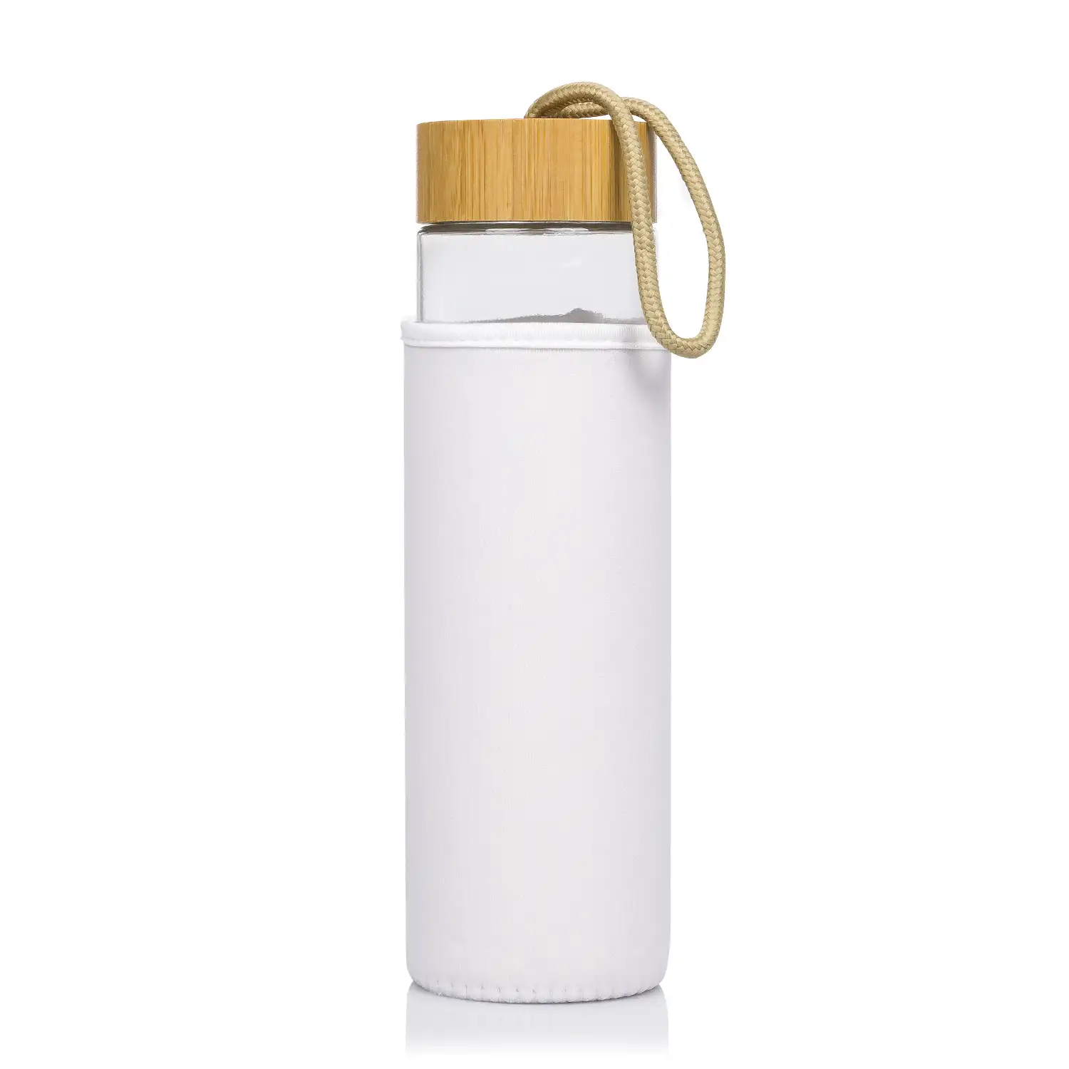 Lurok bidón Nature de bambú y cristal de 530 ml. Tapón en bambú, funda y asa de transporte.