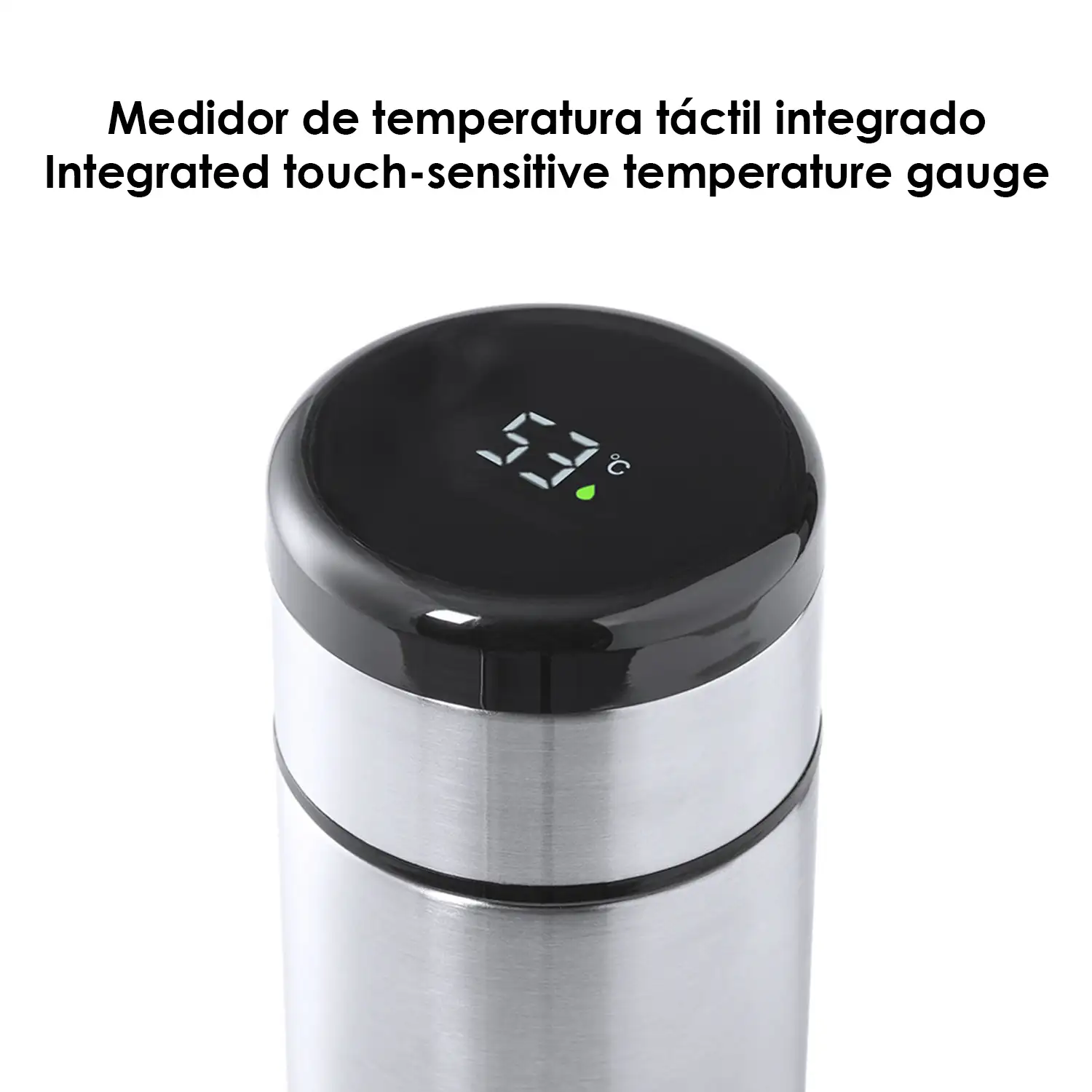 Kaucex termo en acero inox de 420ml. Medidor de temperatura en tapón, doble pared conservadora de la temperatura e infusor.