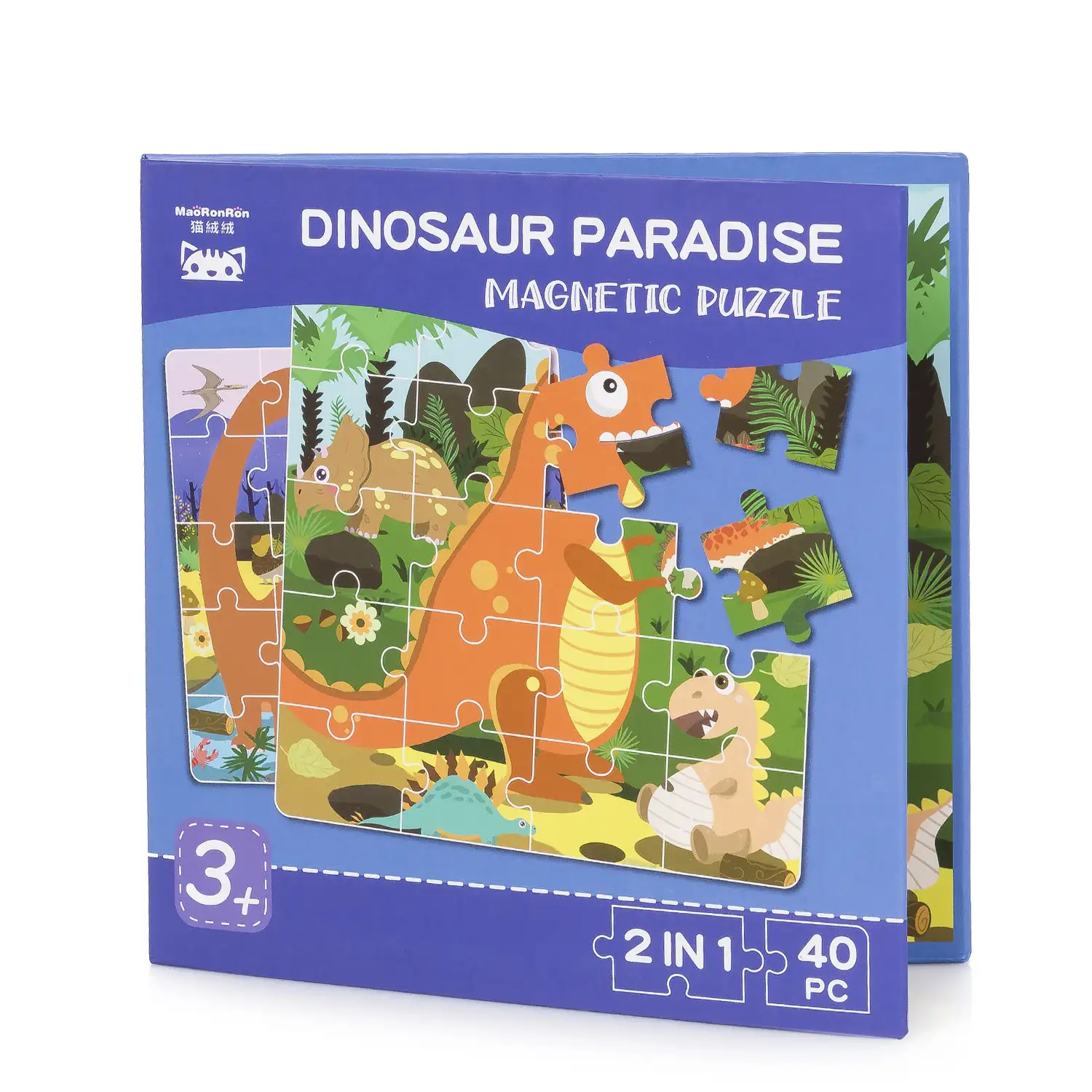 Puzle diseño Paraiso de los Dinosaurios de 40 piezas magnético. Formato tipo libro, 2 puzzles de 20 piezas en 1.