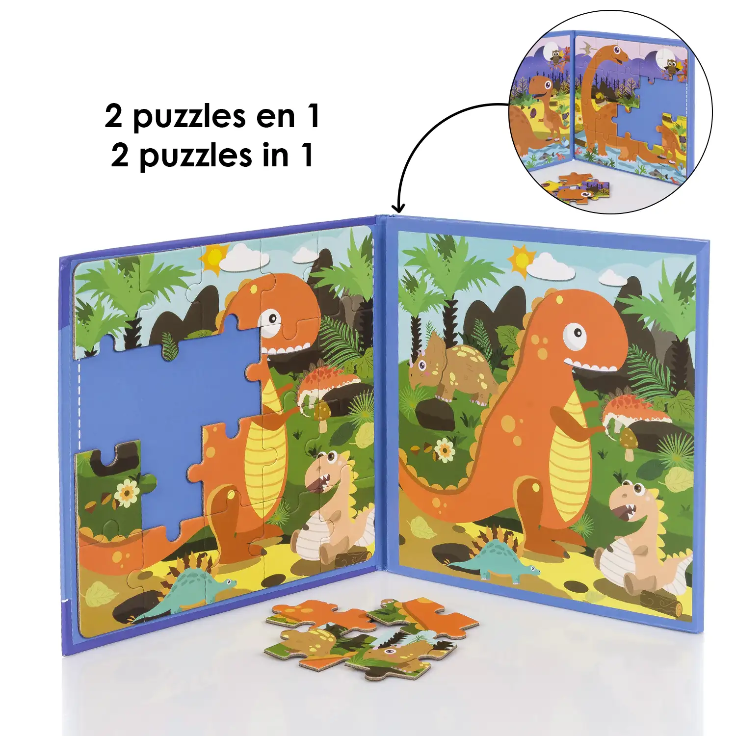 Puzle diseño Paraiso de los Dinosaurios de 40 piezas magnético. Formato tipo libro, 2 puzzles de 20 piezas en 1.