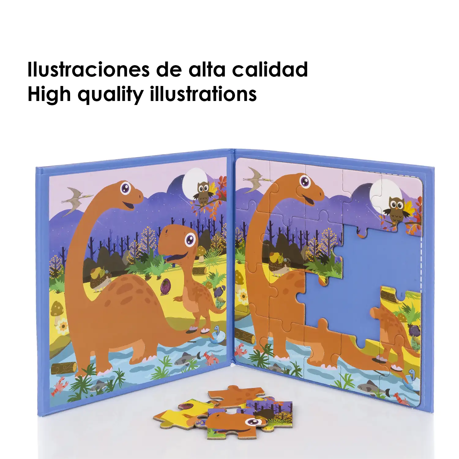 Puzle diseño Paraiso de los Dinosaurios de 40 piezas magnético. Formato tipo libro, 2 puzzles de 20 piezas en 1.