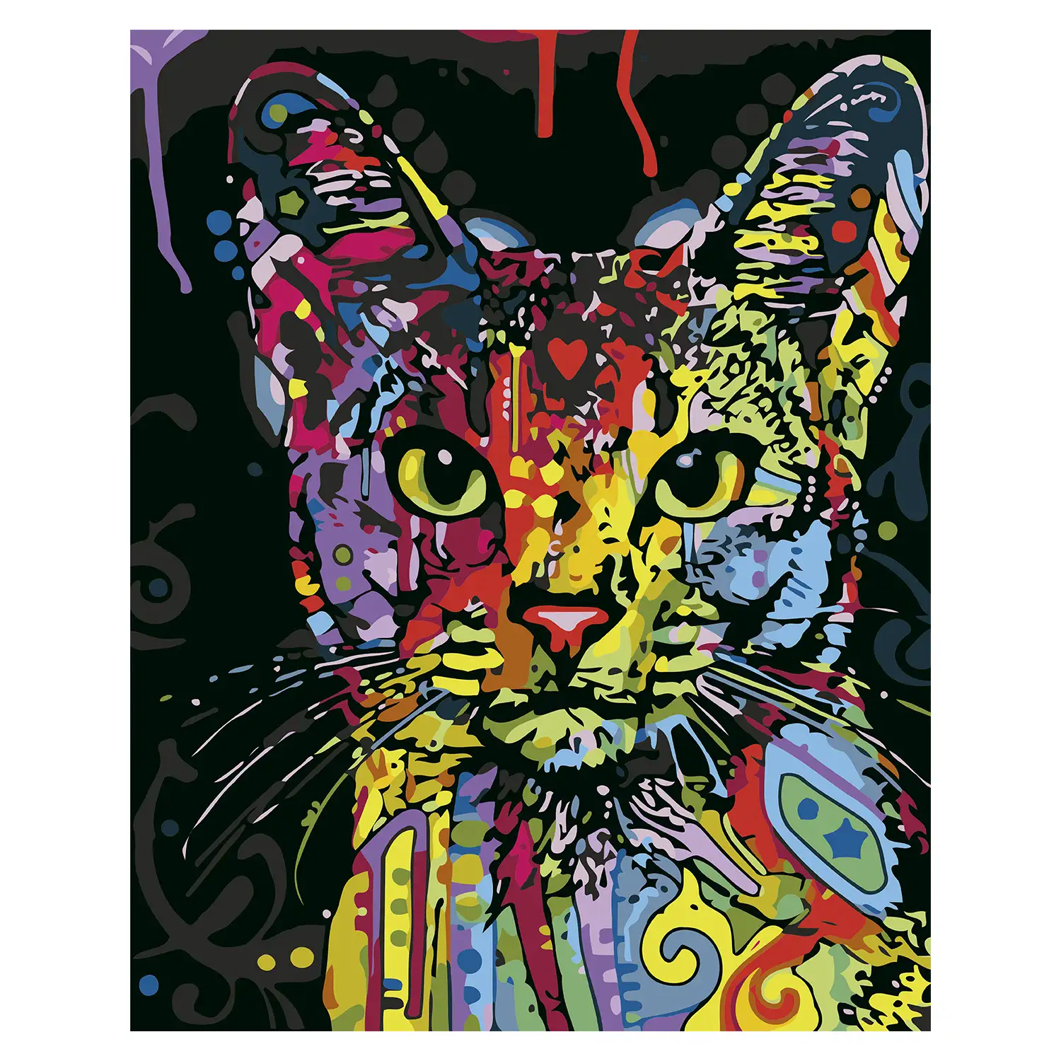 Lienzo con dibujo para pintar con números, de 40x50cm. Diseño gato  abstracto. Incluye pinceles y pinturas