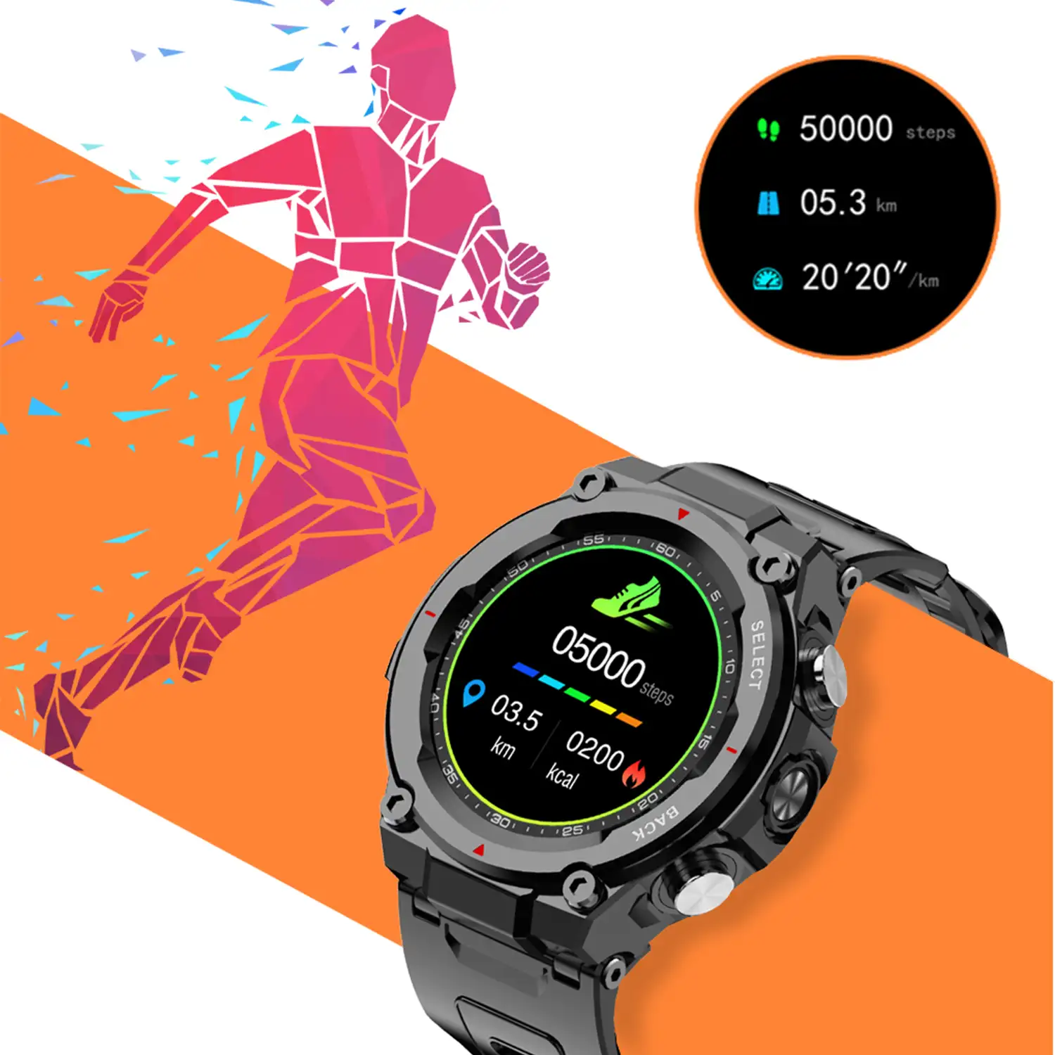 Smartwatch Q666K con batería de 600mAh de larga duración. Monitor cardiaco y de tensión, sumergible.