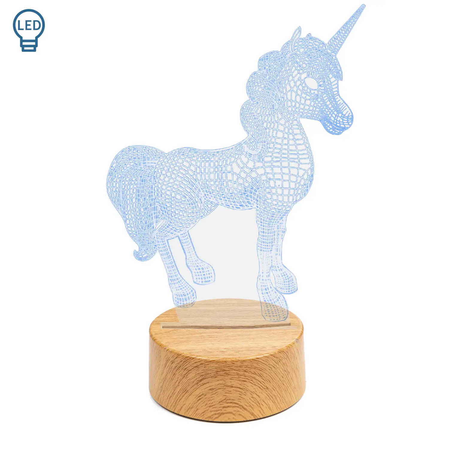 Lámpara ambiental efecto 3D, diseño Unicornio, base efecto madera. Luz LED.