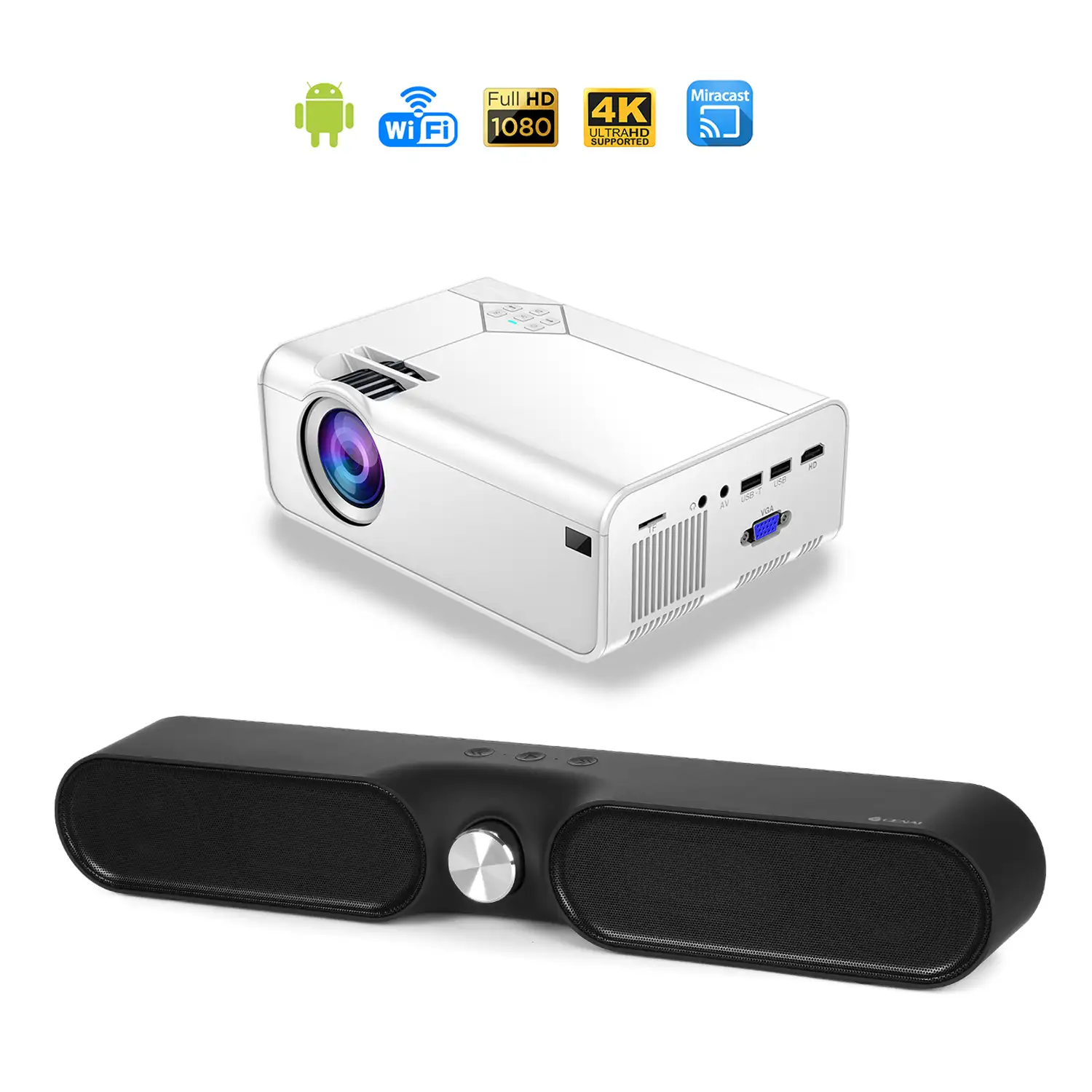 Pack: Video proyector LED A13 con Wifi y Android 6.0 incorporado. HD1080P +  Barra de sonido