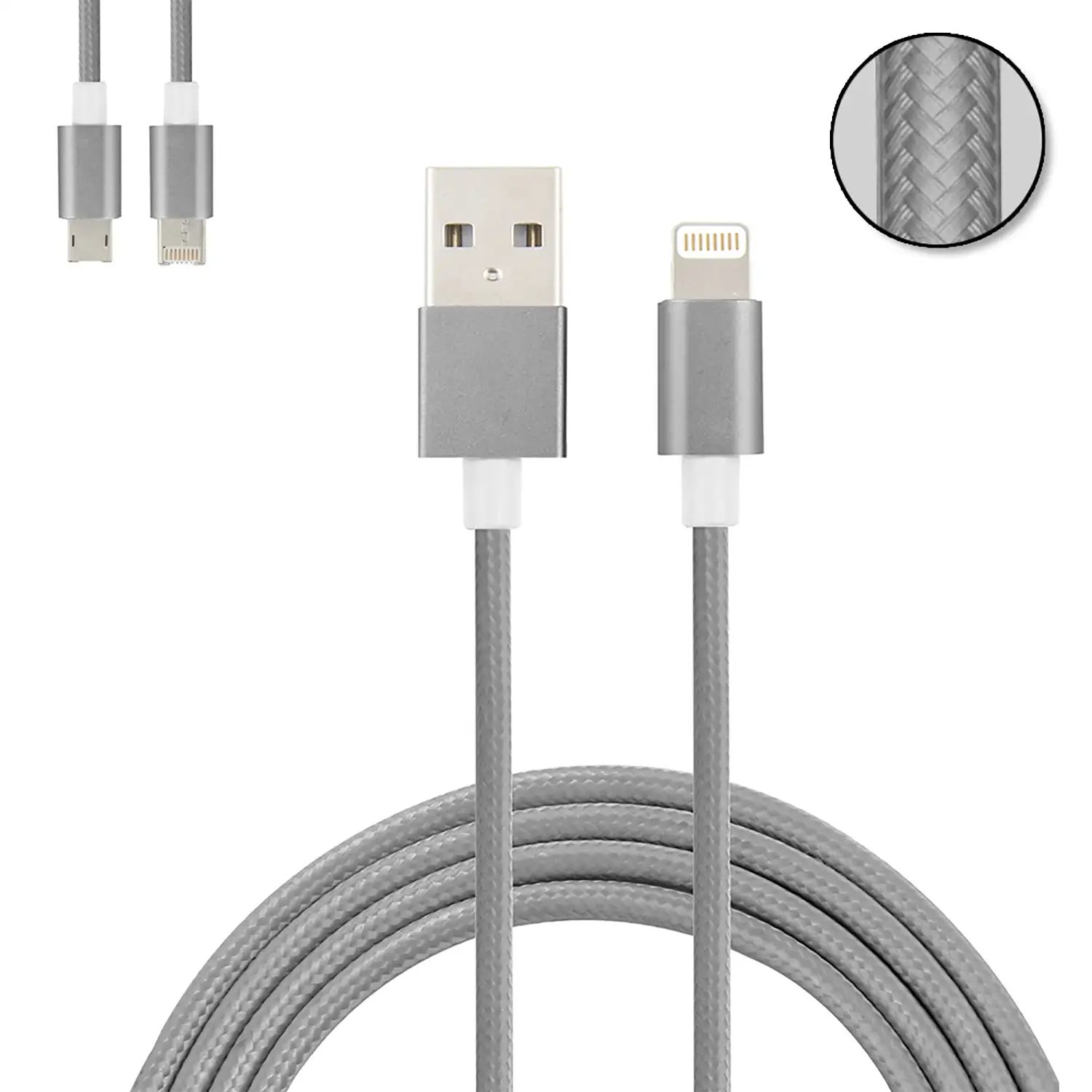 Cable de carga y datos 2 en 1 para iOS y Android: conexión Lightning y Micro USB.